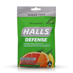 HALLS frente del envase mostrando gotas cítricas y beneficios de vitamina C