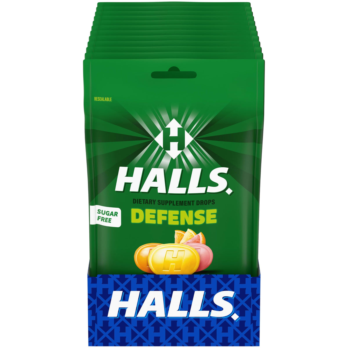 HALLS paquete frontal citrus mostrando bolsas resellables y cantidad