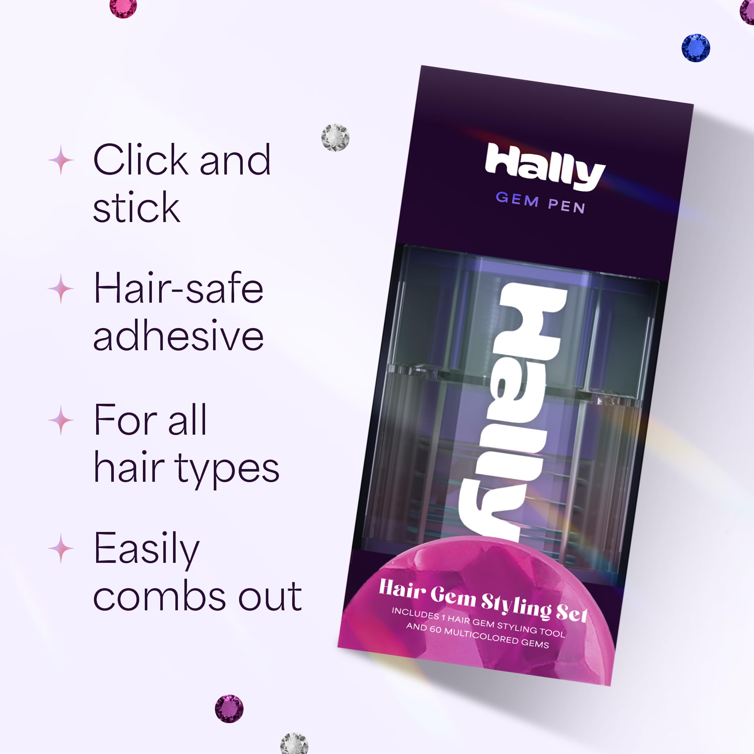Hally Hair tamaño del bolígrafo junto a una mano para escala