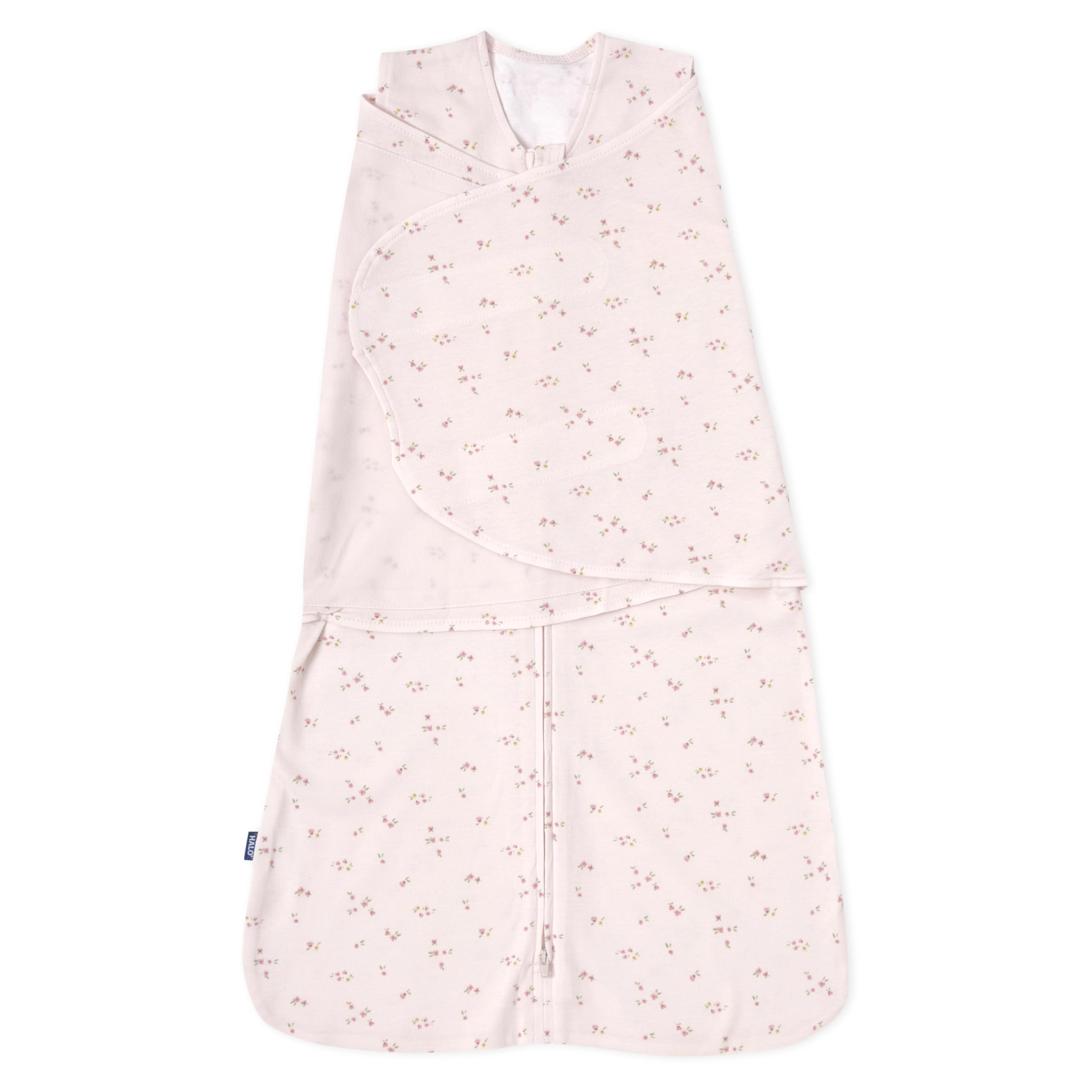 HALO saco swaddle rosa floral vista frontal con seguridad integrada