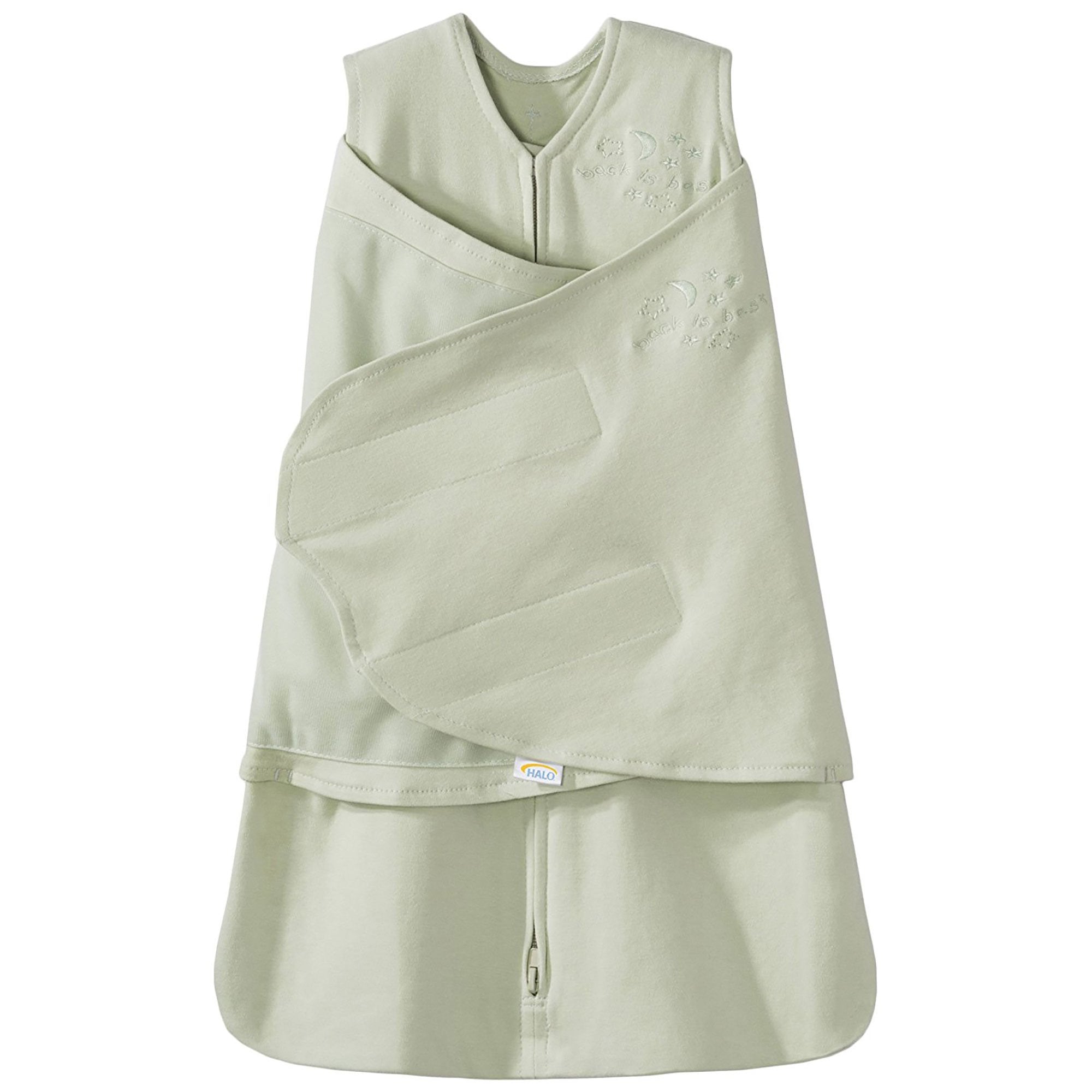 HALO vista frontal del sleepsack swaddle en color sage con cierre seguro
