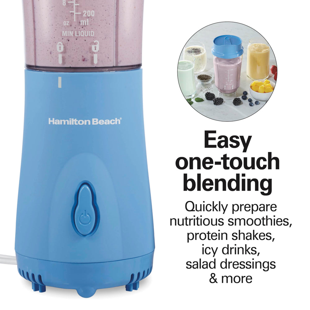 Hamilton Beach blender jar fitting into car cup holder demonstrating travel-friendly size