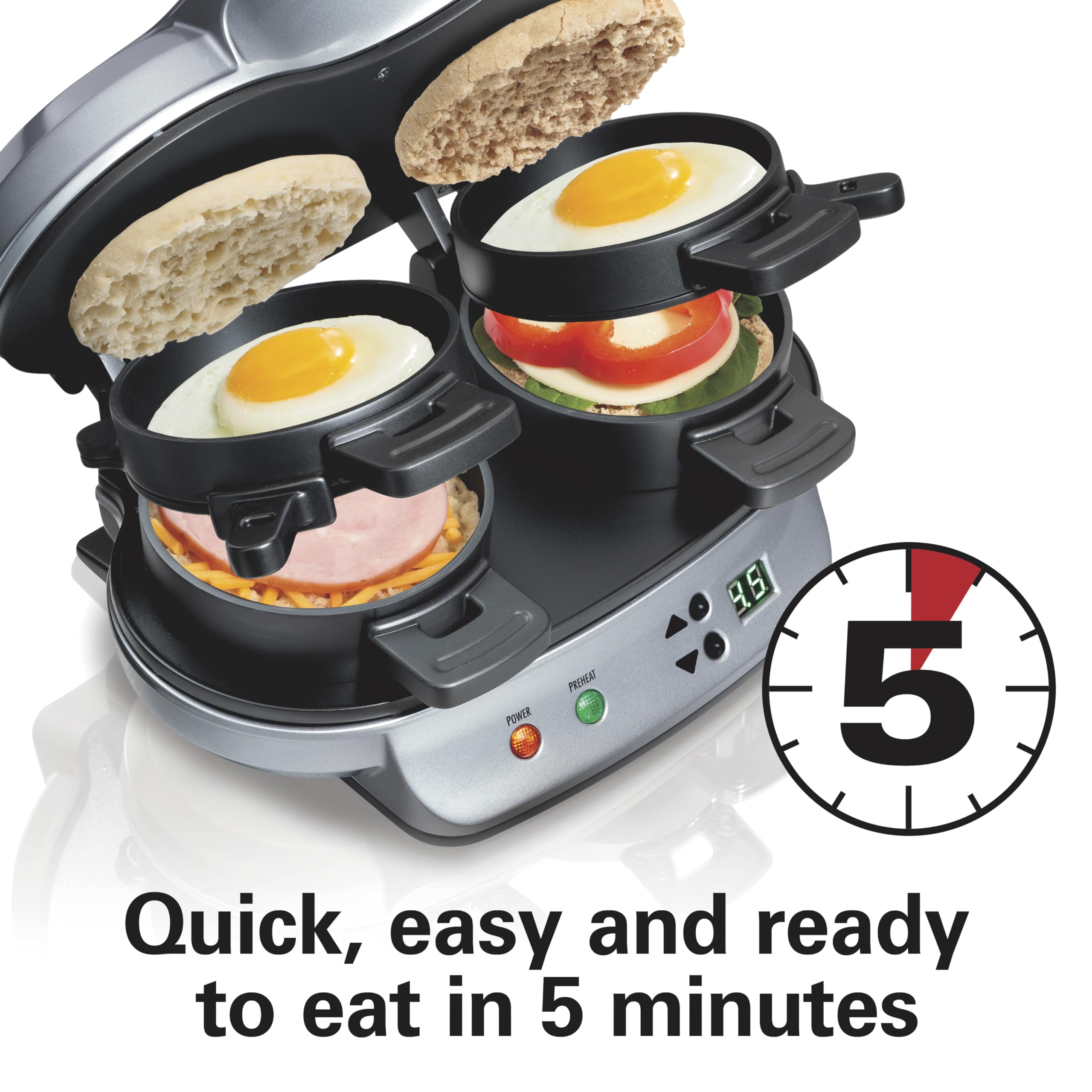 Hamilton Beach close-up of egg cooker rings producing uniform egg shapes for sandwiches