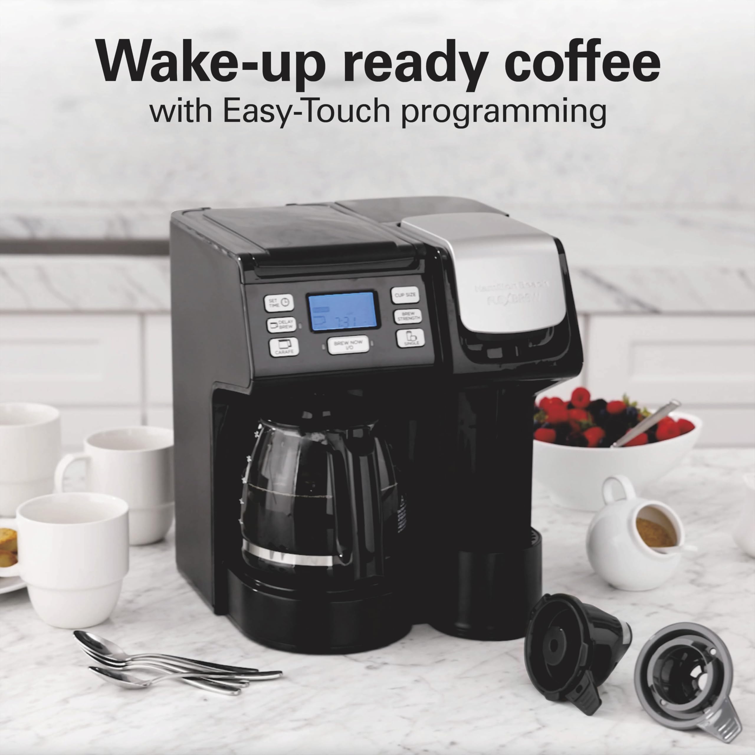 Hamilton Beach FlexBrew preparando una taza en 90 segundos para desayunos rápidos