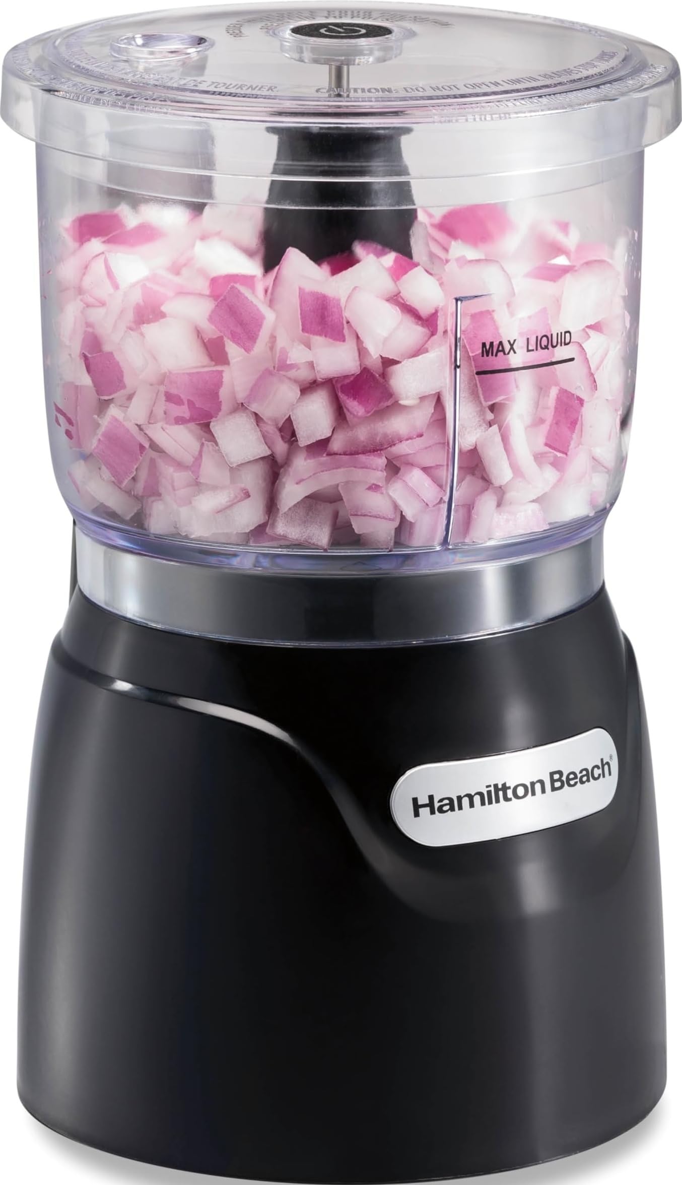 Hamilton Beach front view of 3-cup chopper showing compact design and easy operation