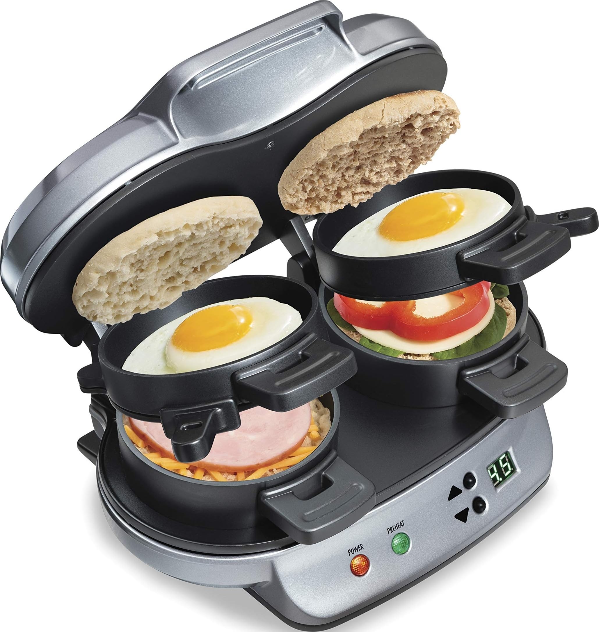 Hamilton Beach front view of dual sandwich maker showing compact design and quick meals