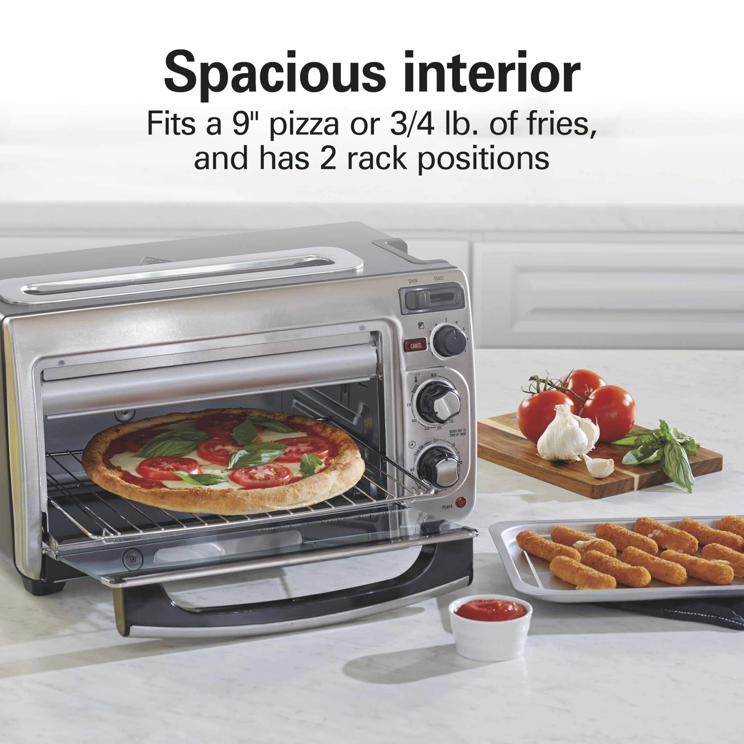 Hamilton Beach interior con pizza de 9 pulgadas, capacidad útil