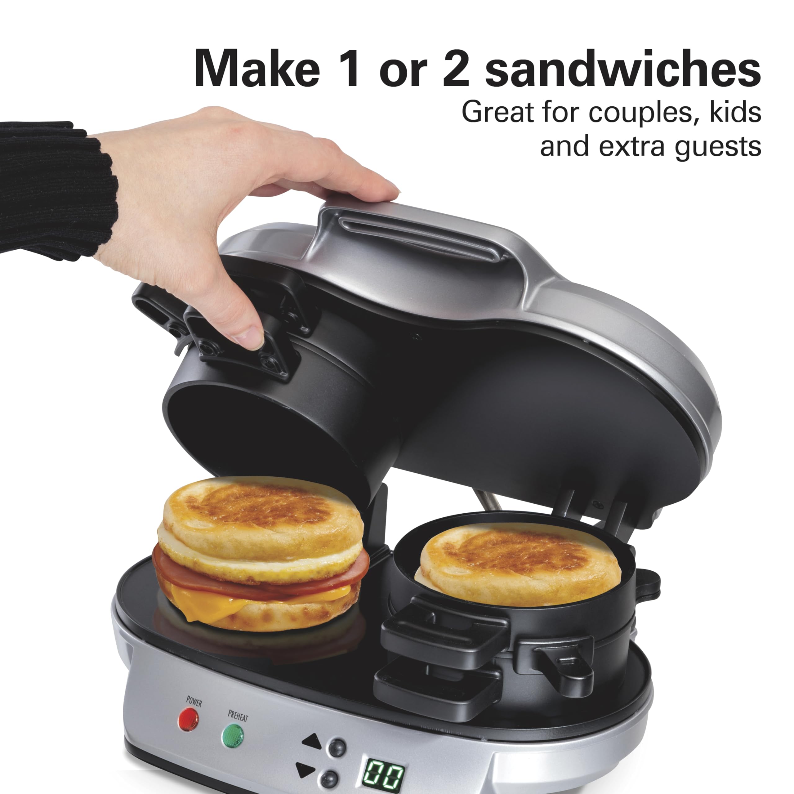 Hamilton Beach open view with two hot assembled breakfast sandwiches ready to eat