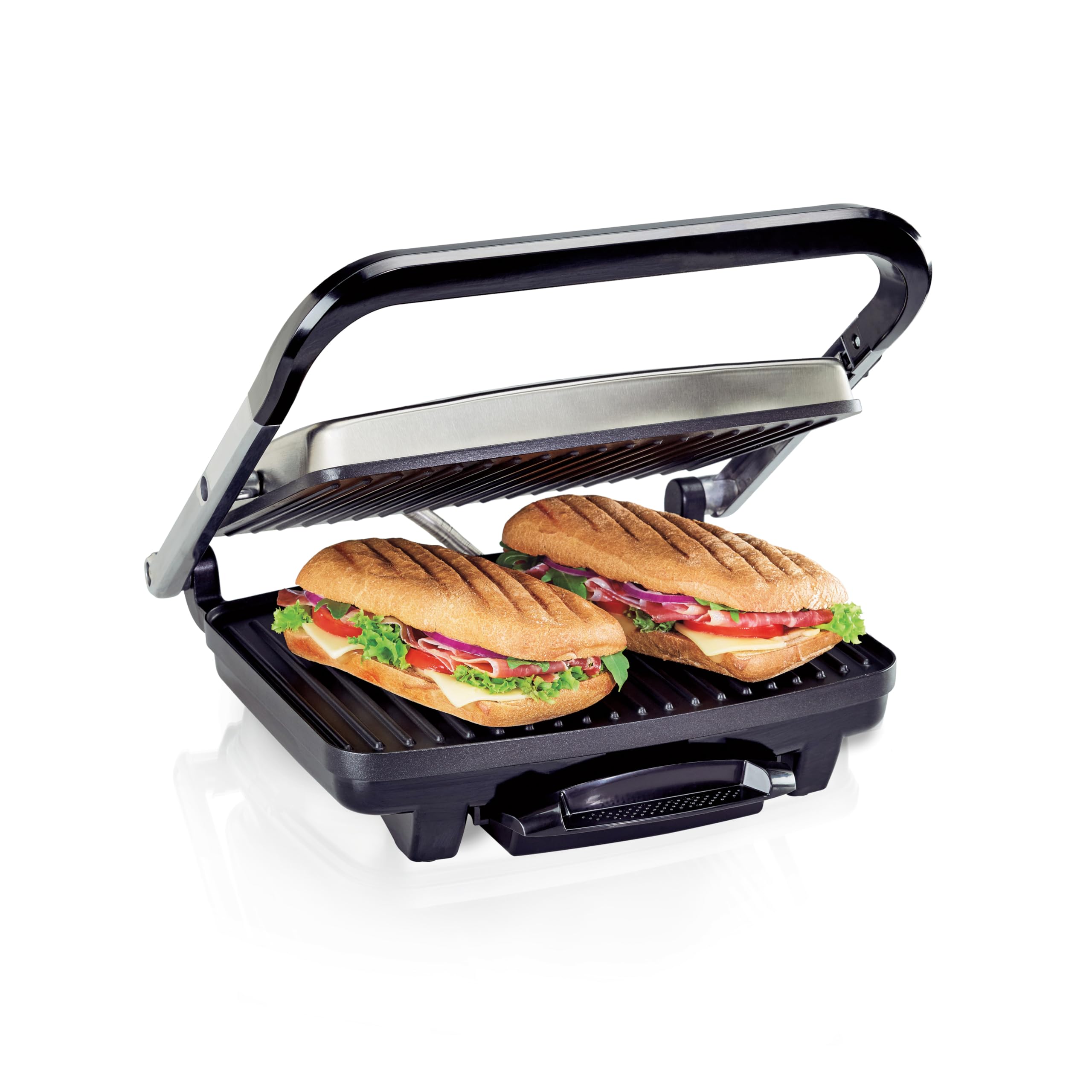 Hamilton Beach frontal del producto mostrando diseño compacto y beneficios de cocina rápida
