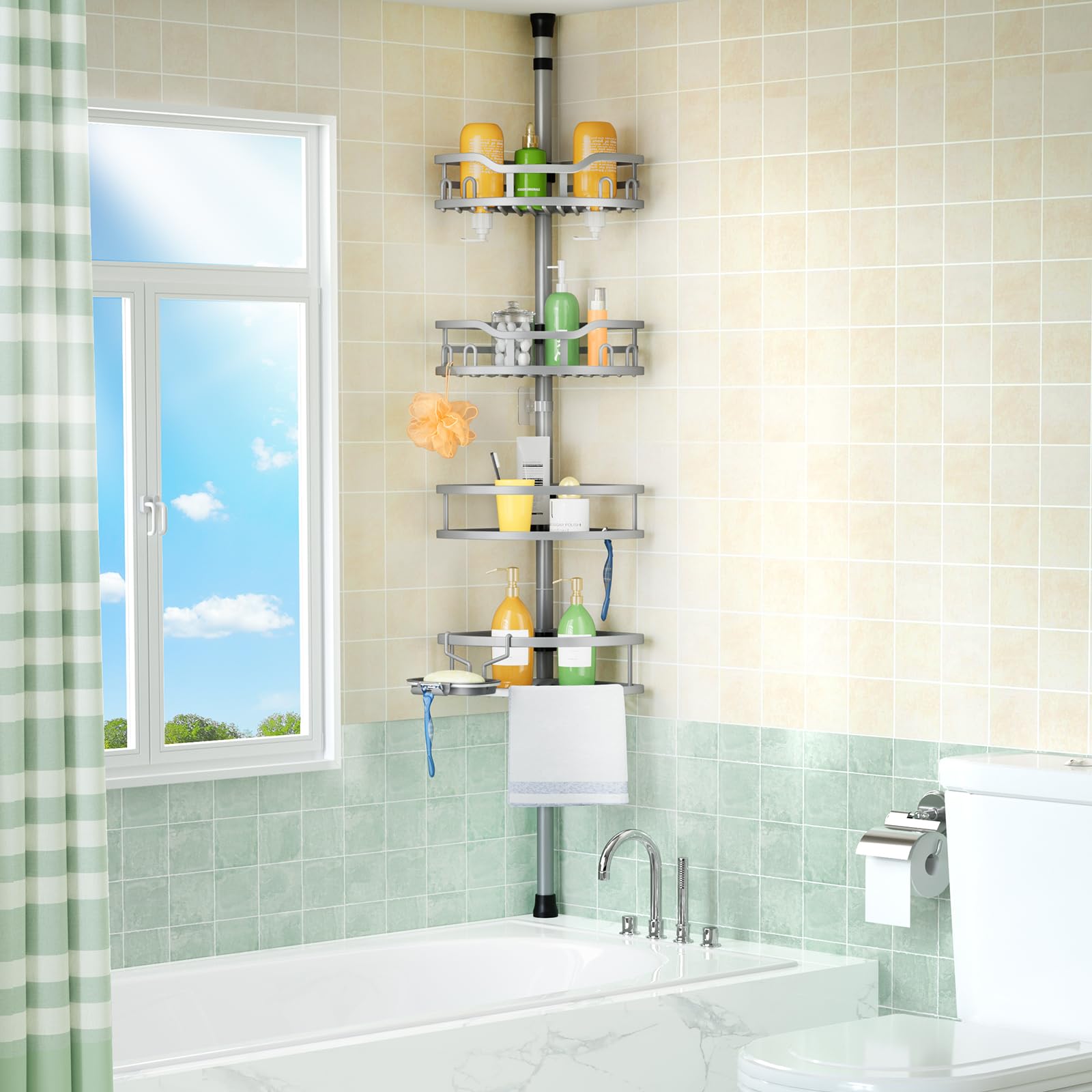HAMITOR escena de baño ordenado con toallas, jabones y accesorios bien organizados