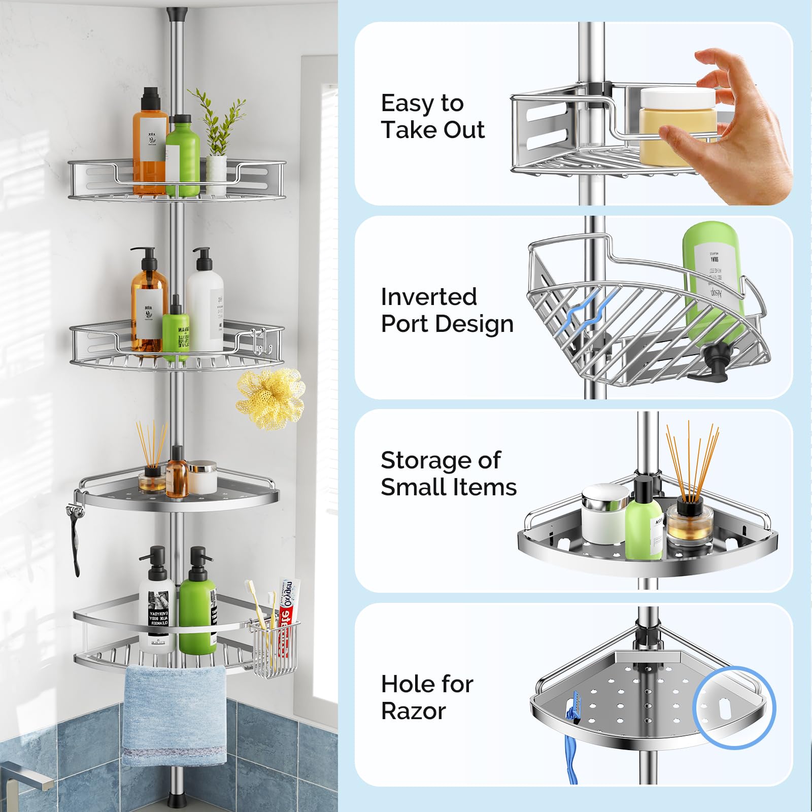 HAMITOR producto en uso en ducha con champú y esponja, mantiene todo accesible y seco