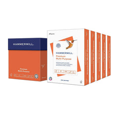 Hammermill estuche frontal mostrando 2,500 hojas y beneficios de durabilidad