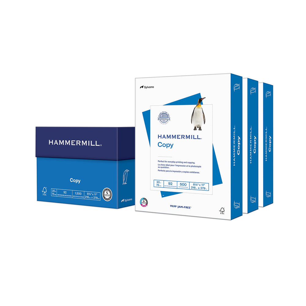 Hammermill paquete frontal mostrando tres resmas, confiable para oficina