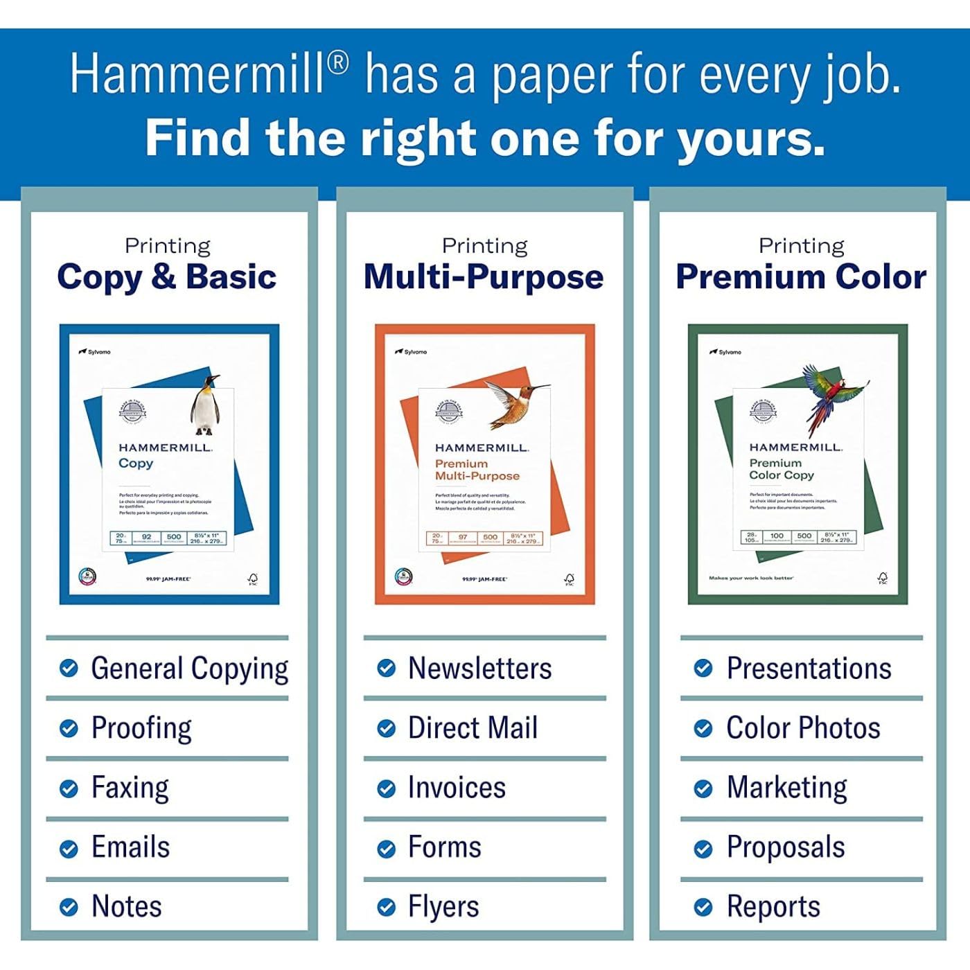 Hammermill hoja saliendo de impresora demostrando compatibilidad y calidad