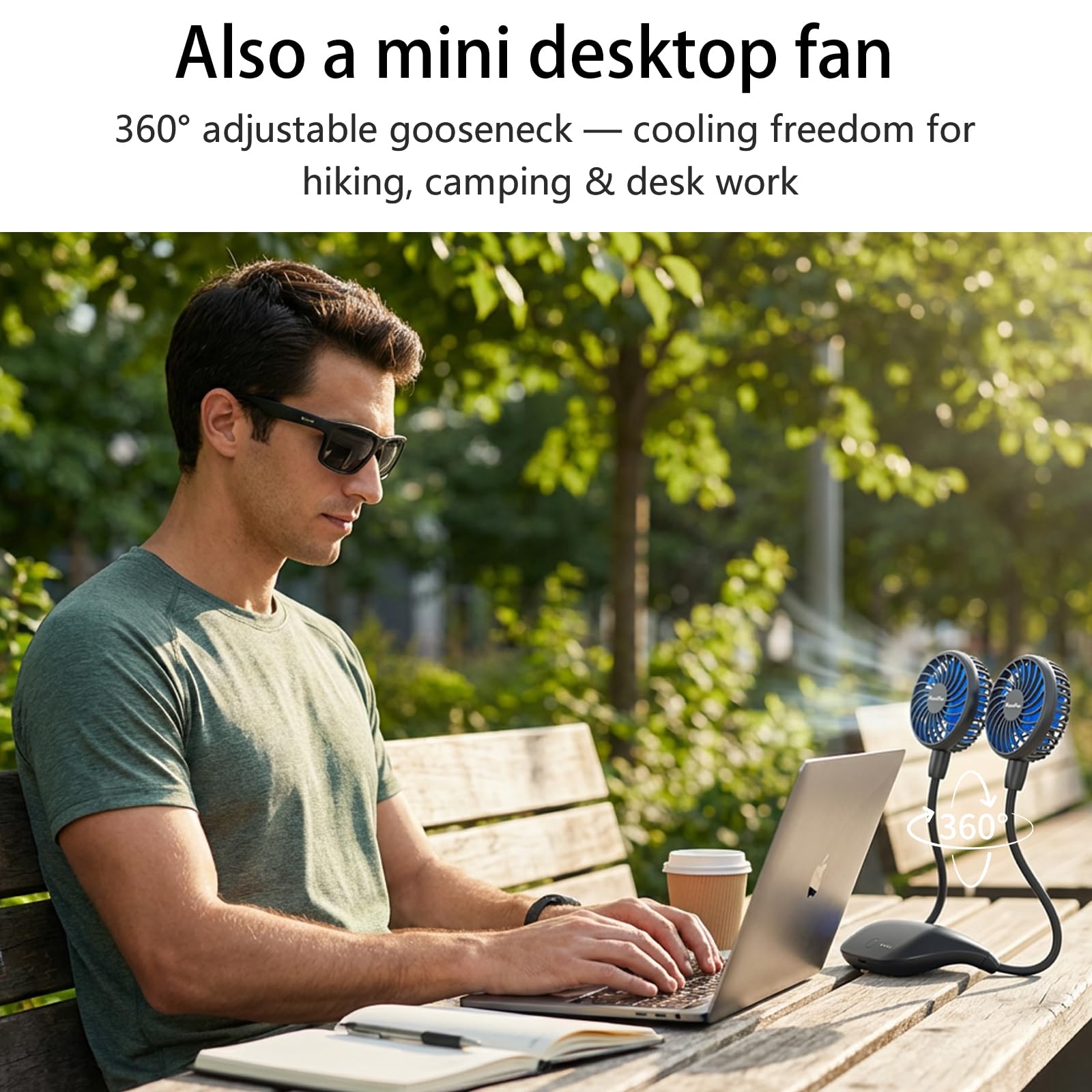 HandFan apoyado sobre mesa, uso estable como ventilador de sobremesa