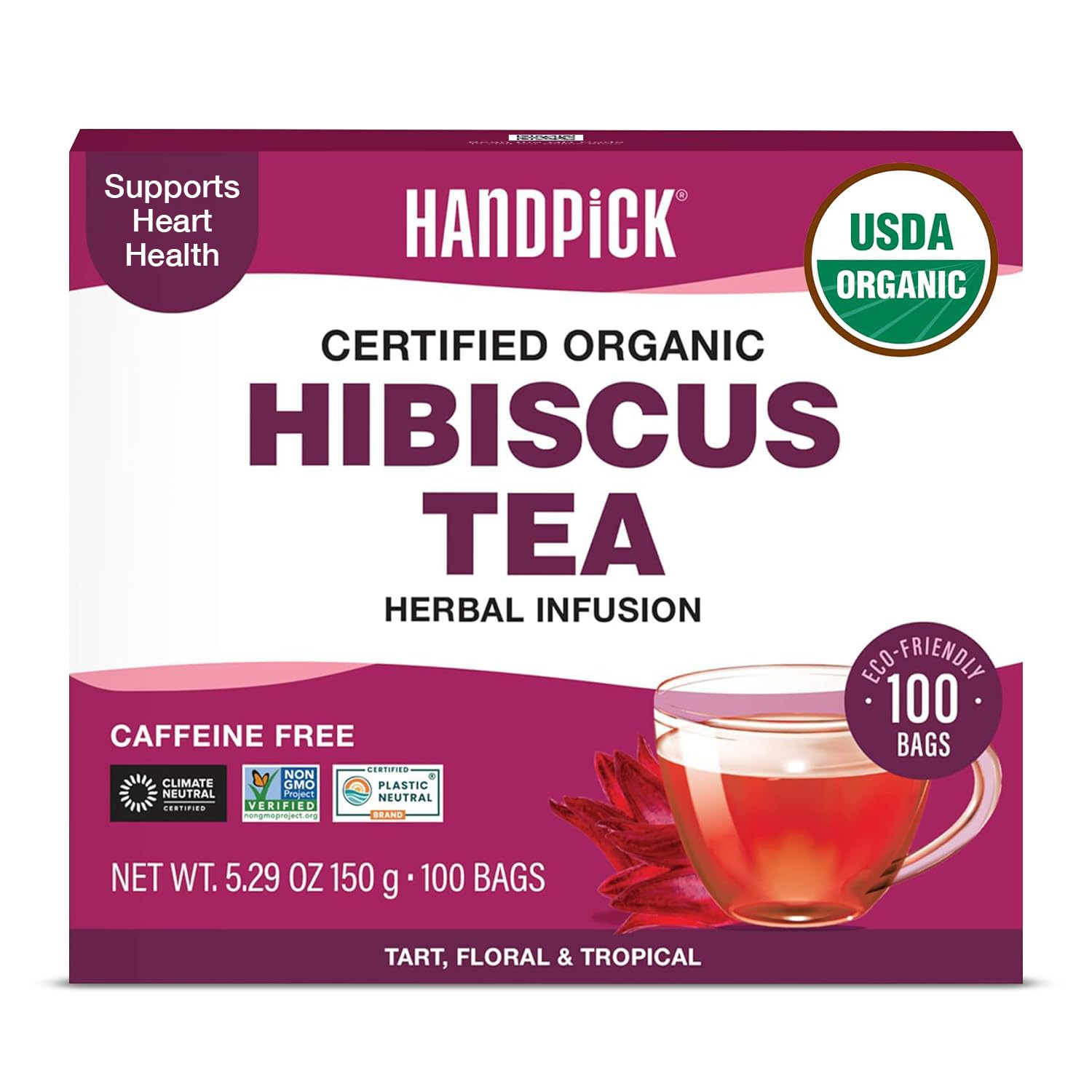 HANDPICK frente del paquete de té de hibisco mostrando marca y 100 bolsitas, presentación atractiva