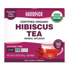 HANDPICK frente del paquete de té de hibisco mostrando marca y 100 bolsitas, presentación atractiva