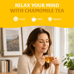 HANDPICK taza con té de manzanilla en uso, infusión reconfortante