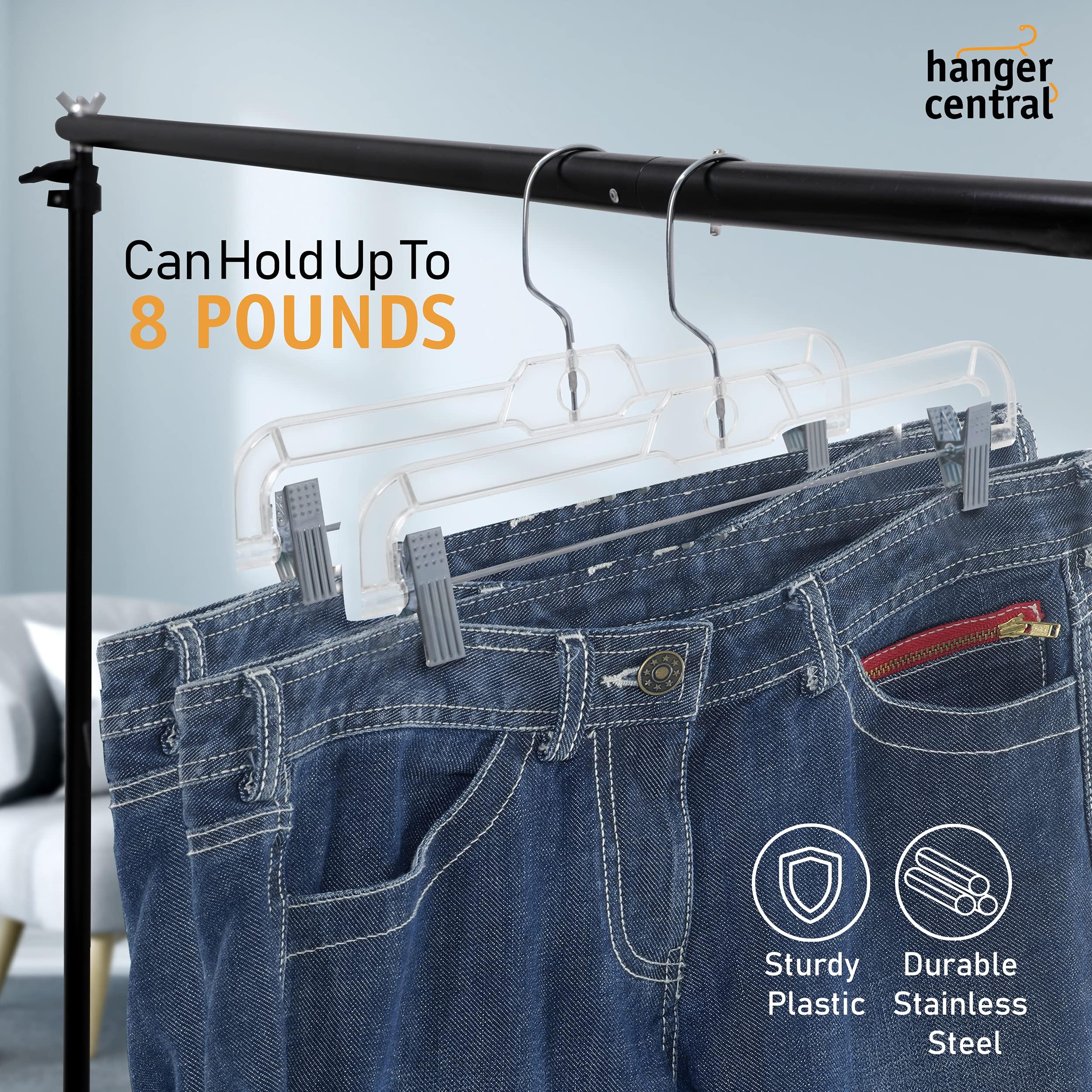 Hanger Central percha en uso sosteniendo pantalones y manteniendo forma