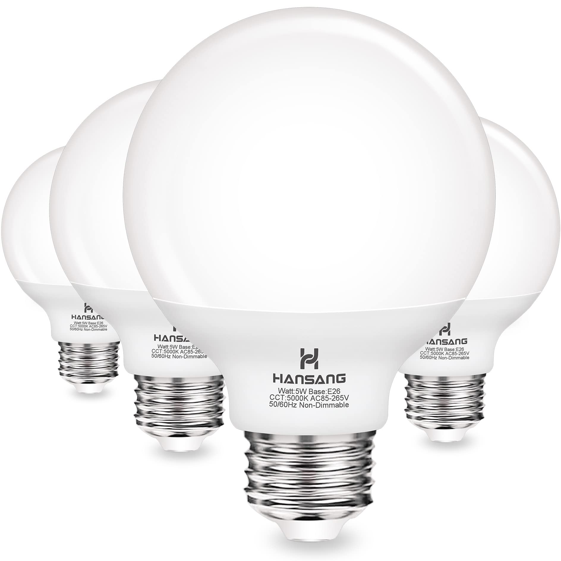 hansang bombilla globe vista frontal mostrando forma y acabado, iluminación uniforme