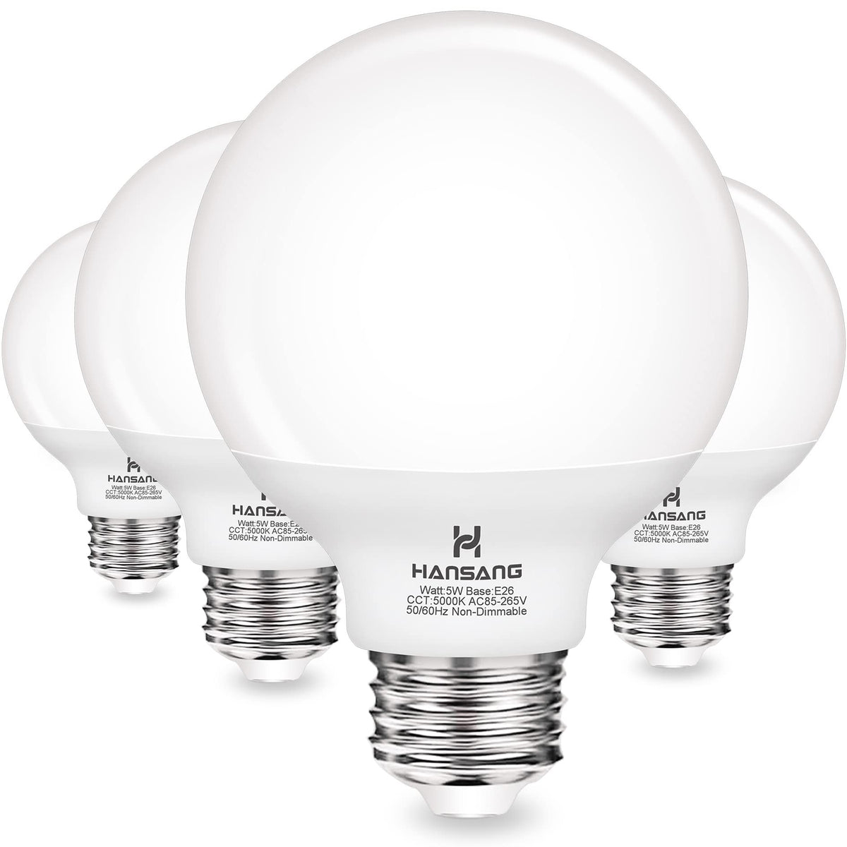 hansang bombilla globe vista frontal mostrando forma y acabado, iluminación uniforme