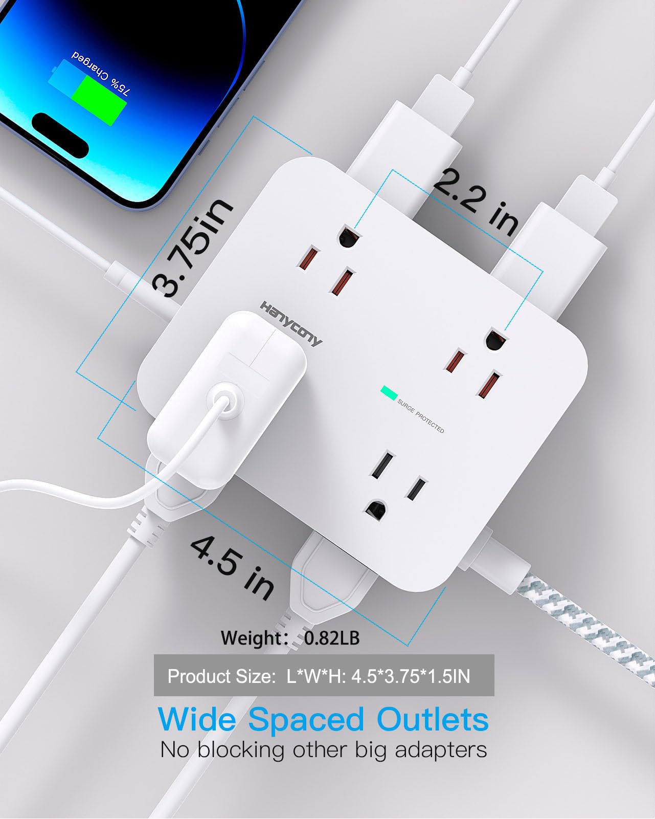 HANYCONY cable trenzado de 10 ft con enchufe plano ideal para rincones ajustados