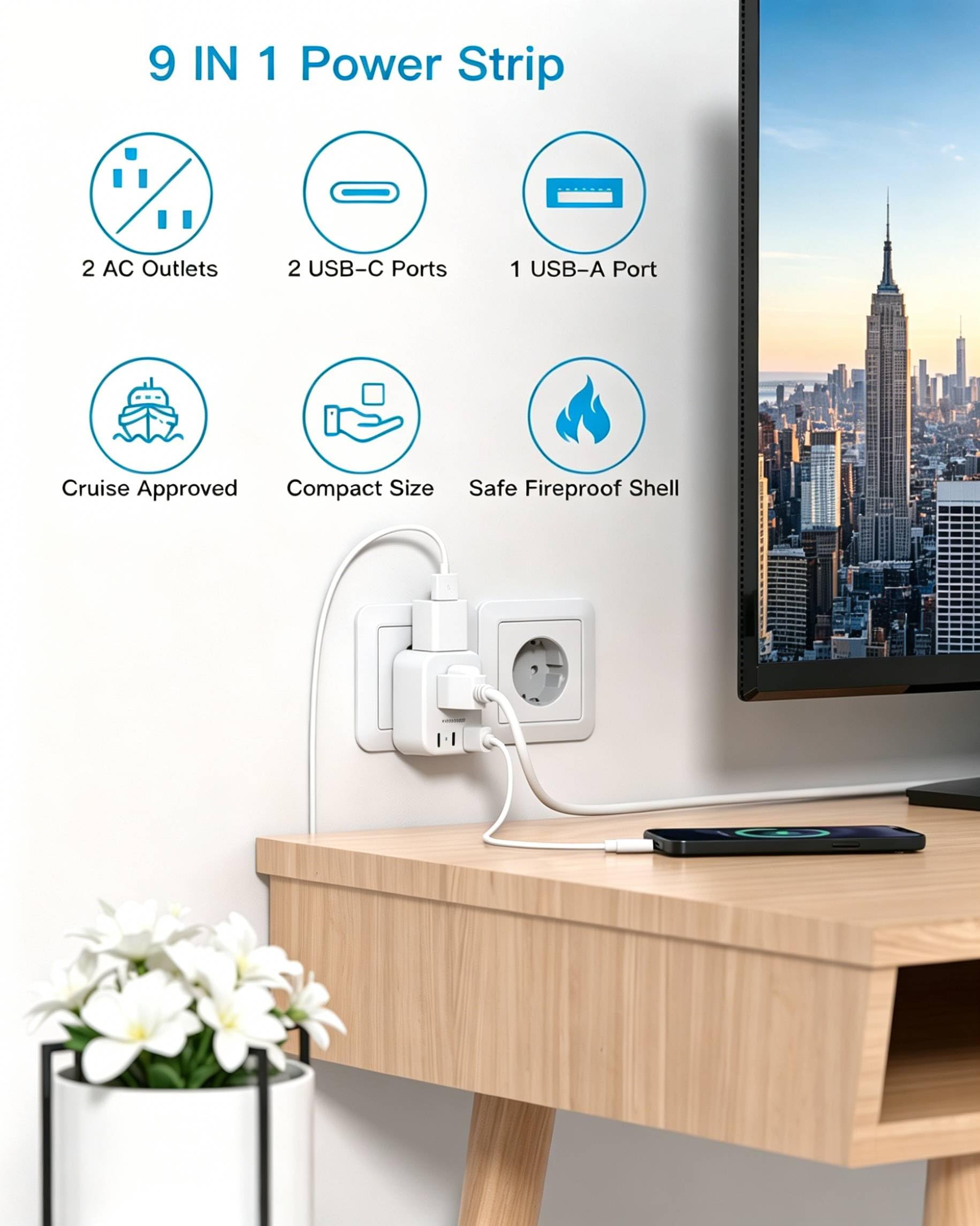 HANYCONY primer plano de los 2 USB‑C y USB‑A, carga rápida y versátil