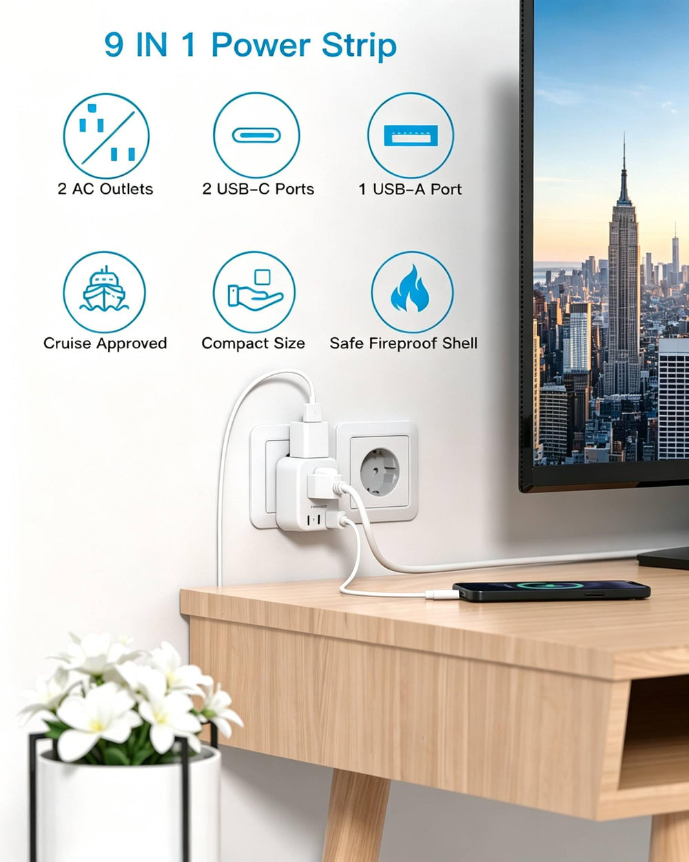 HANYCONY primer plano de los 2 USB‑C y USB‑A, carga rápida y versátil