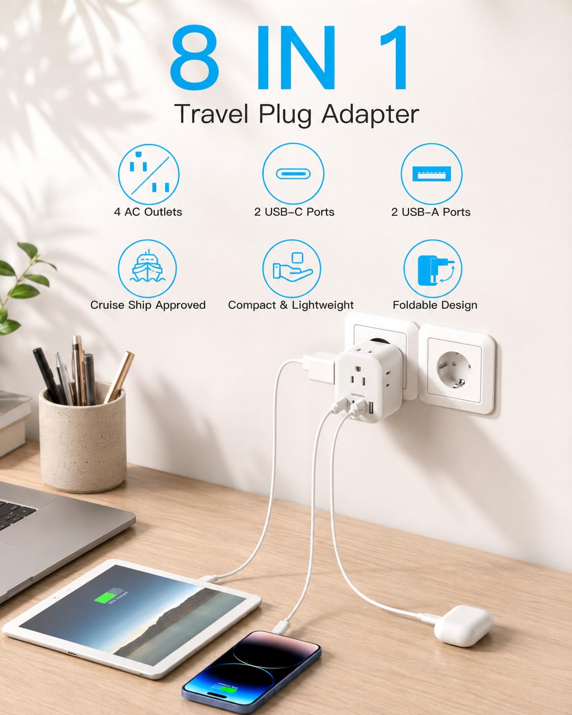 HANYCONY adaptador en uso cargando teléfono y tablet simultáneamente