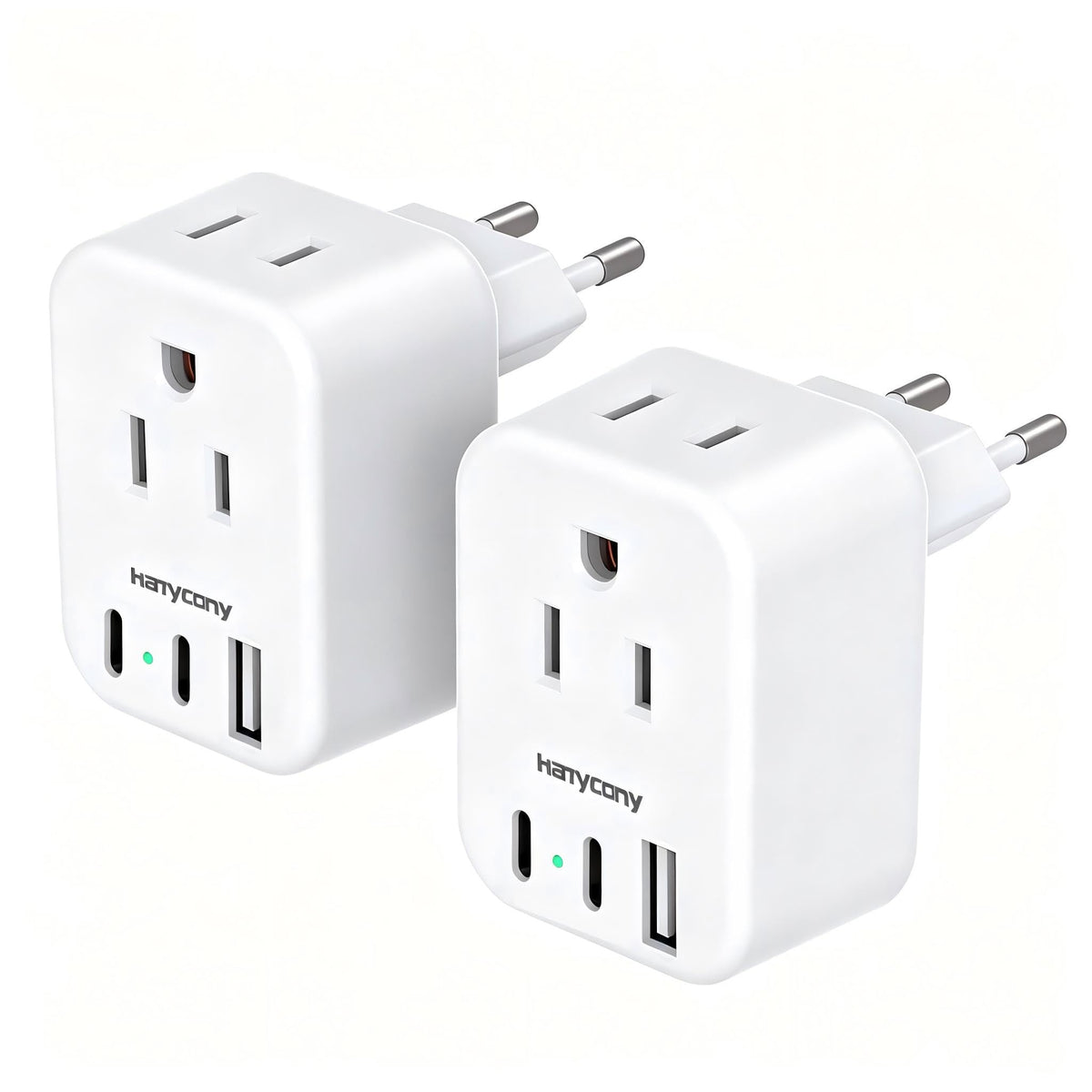 HANYCONY vista frontal del adaptador pack 2 mostrando tomas y puertos, práctico en viajes