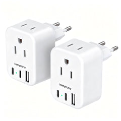 HANYCONY vista frontal del adaptador pack 2 mostrando tomas y puertos, práctico en viajes