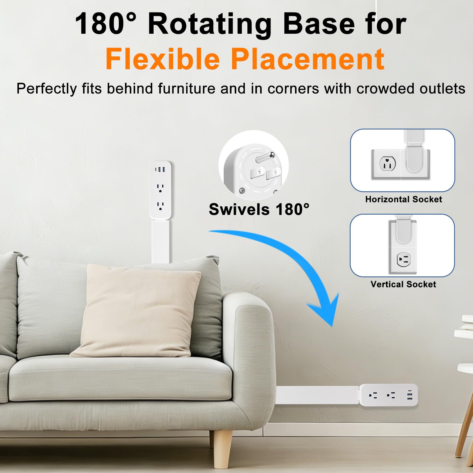 haodsso primer plano de puertos USB‑A, USB‑C y tomas AC, organiza cables eficientemente