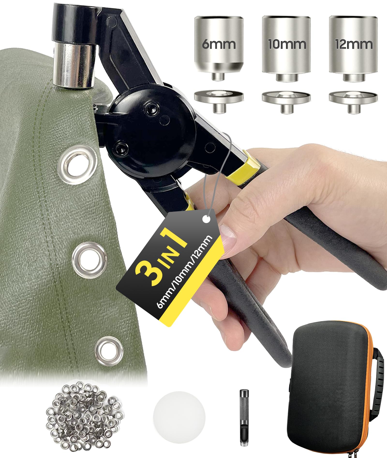 HAPDEN vista frontal del kit con herramienta y ojales para proyectos duraderos