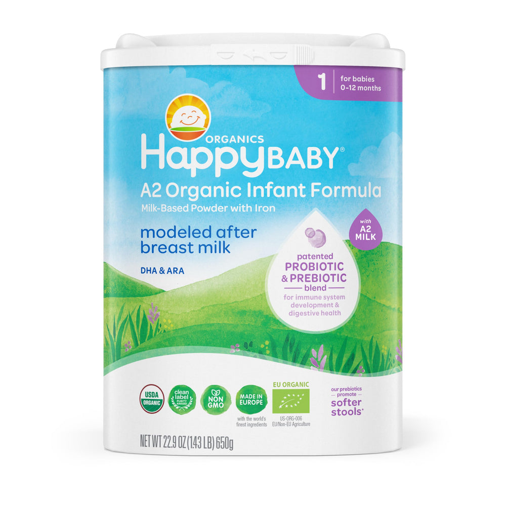 Happy Baby frasco frontal mostrando la fórmula orgánica y confianza