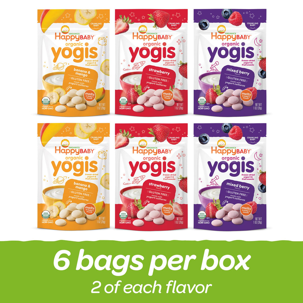 Happy Baby open resealable bag displaying lightweight yogurt fruit melts for portability