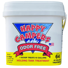 Happy Campers empaque frontal mostrando dosis y 64 tratamientos, control de olores