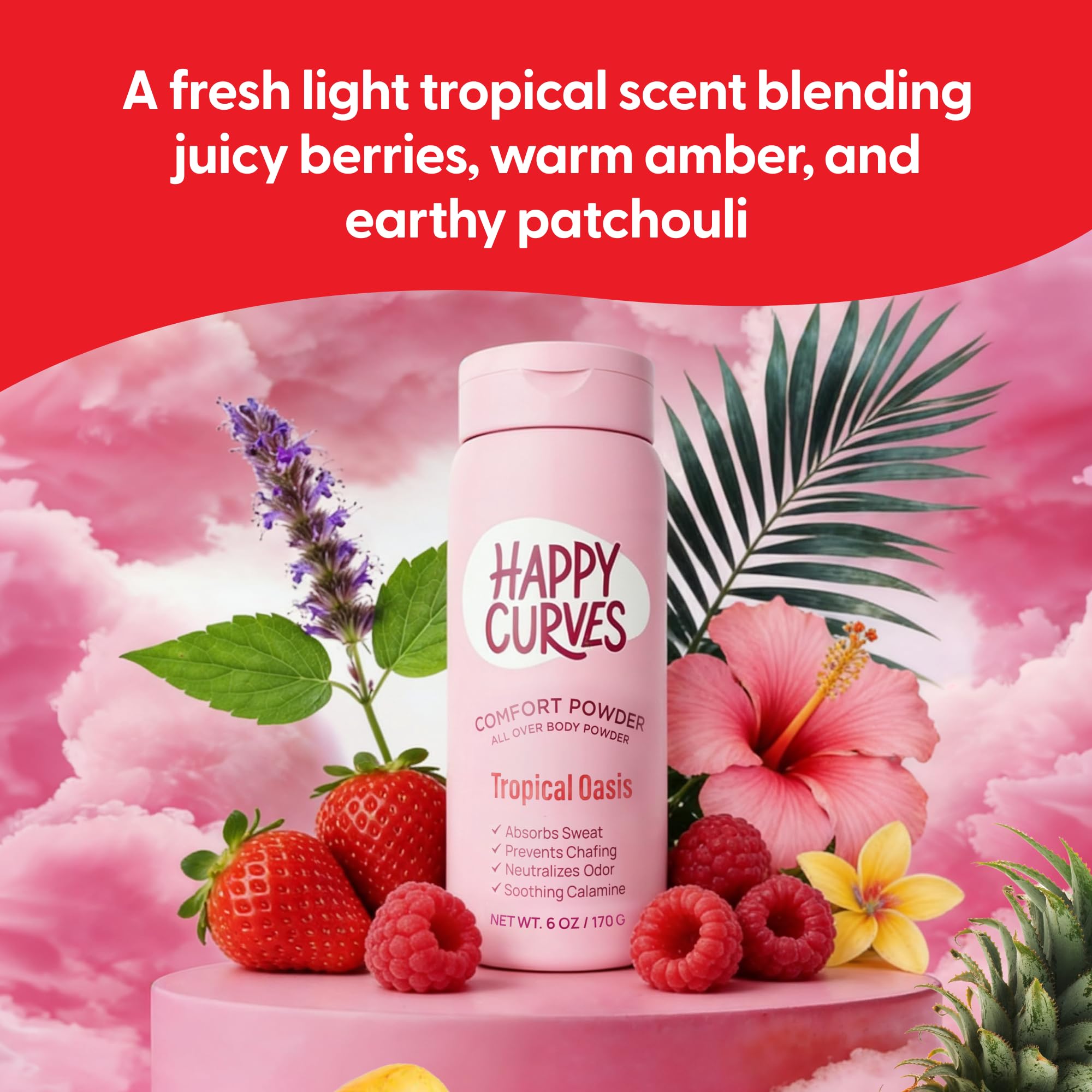 HAPPY CURVES ingredientes naturales (tapioca, aloe, manzanilla) resaltando suavidad