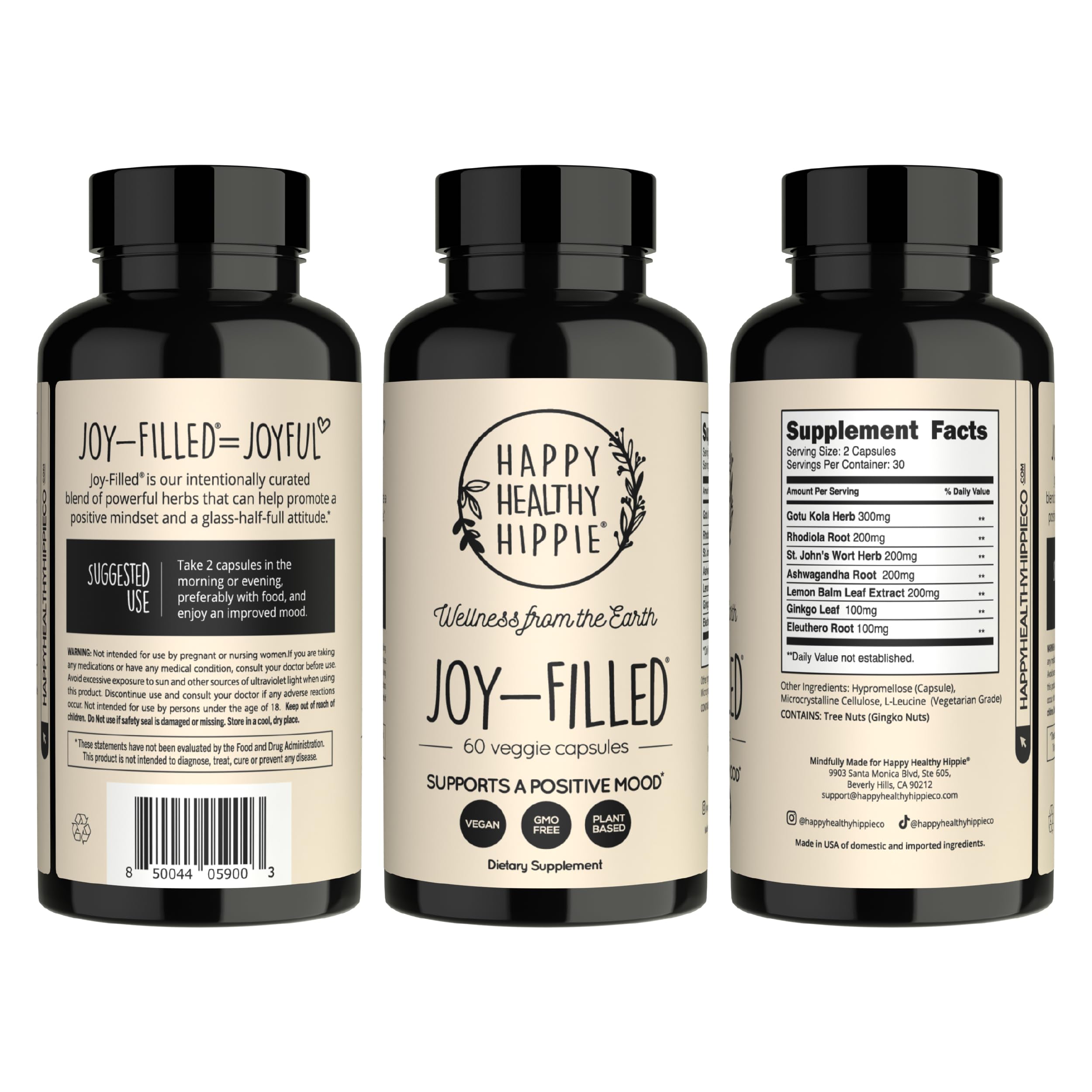 Happy Healthy Hippie cápsulas Joy-Filled sobre fondo blanco, aspecto limpio vegano