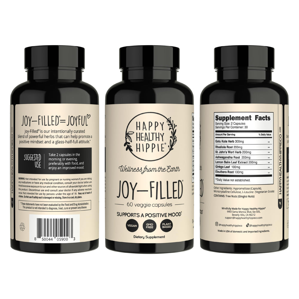 Happy Healthy Hippie cápsulas Joy-Filled sobre fondo blanco, aspecto limpio vegano