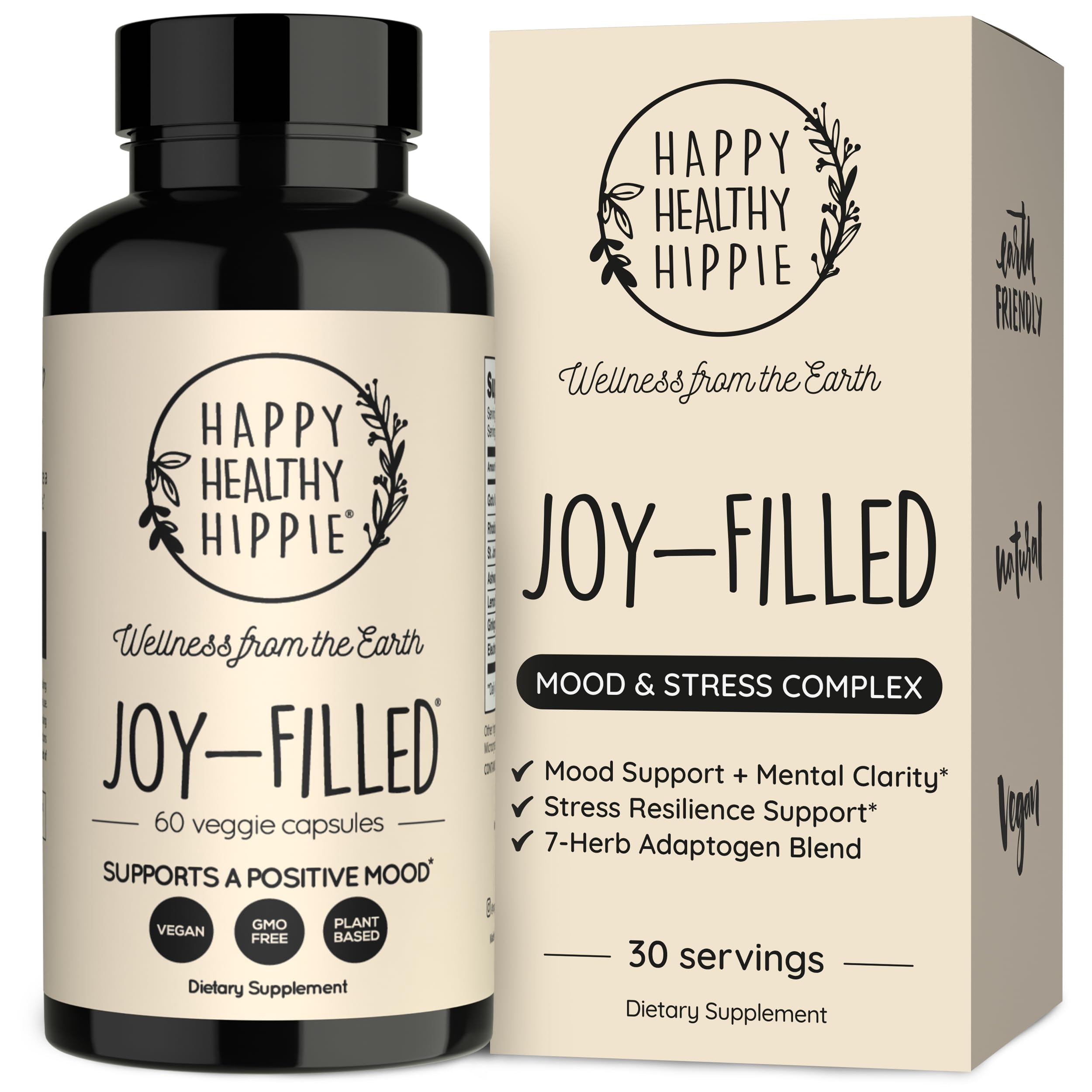 Happy Healthy Hippie frasco Joy-Filled frente mostrando etiqueta y beneficio de ánimo