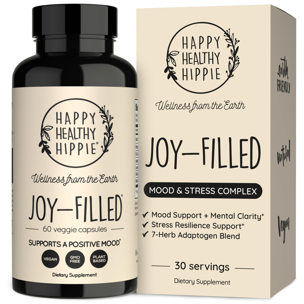 Happy Healthy Hippie frasco Joy-Filled frente mostrando etiqueta y beneficio de ánimo