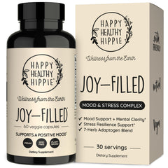 Happy Healthy Hippie frasco Joy-Filled frente mostrando etiqueta y beneficio de ánimo