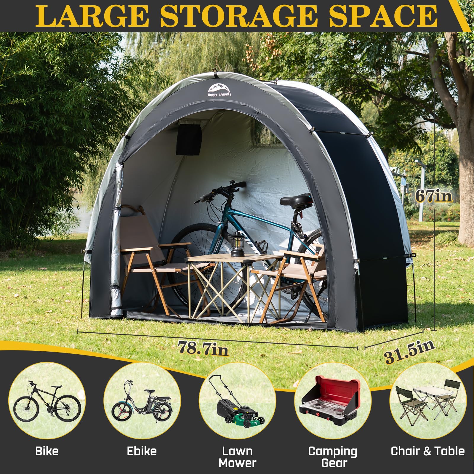 HAPPY TRAVEL fabric close-up showing 210D Oxford waterproof material and UV defense
