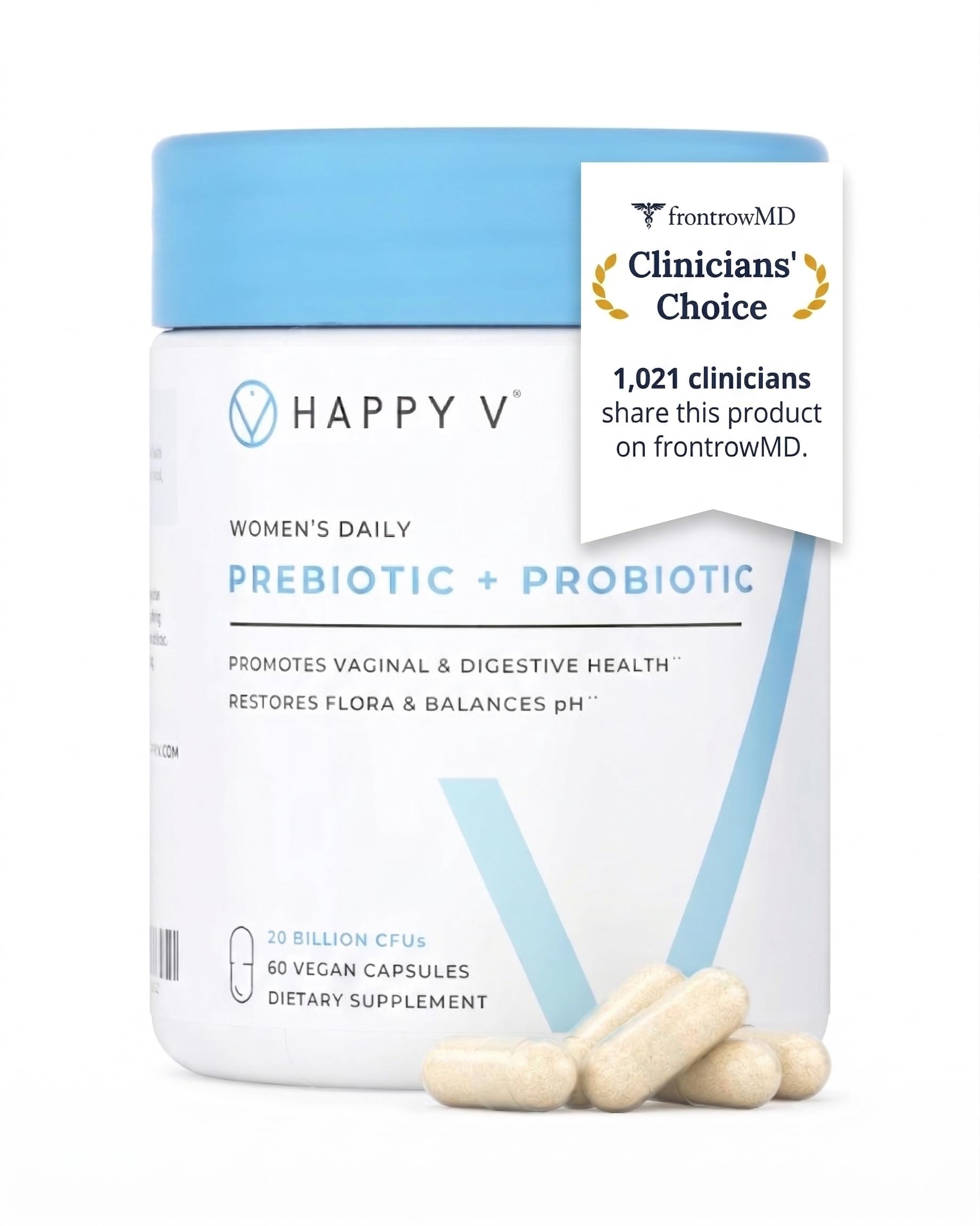Happy V frente del empaque mostrando diseño y beneficios clave