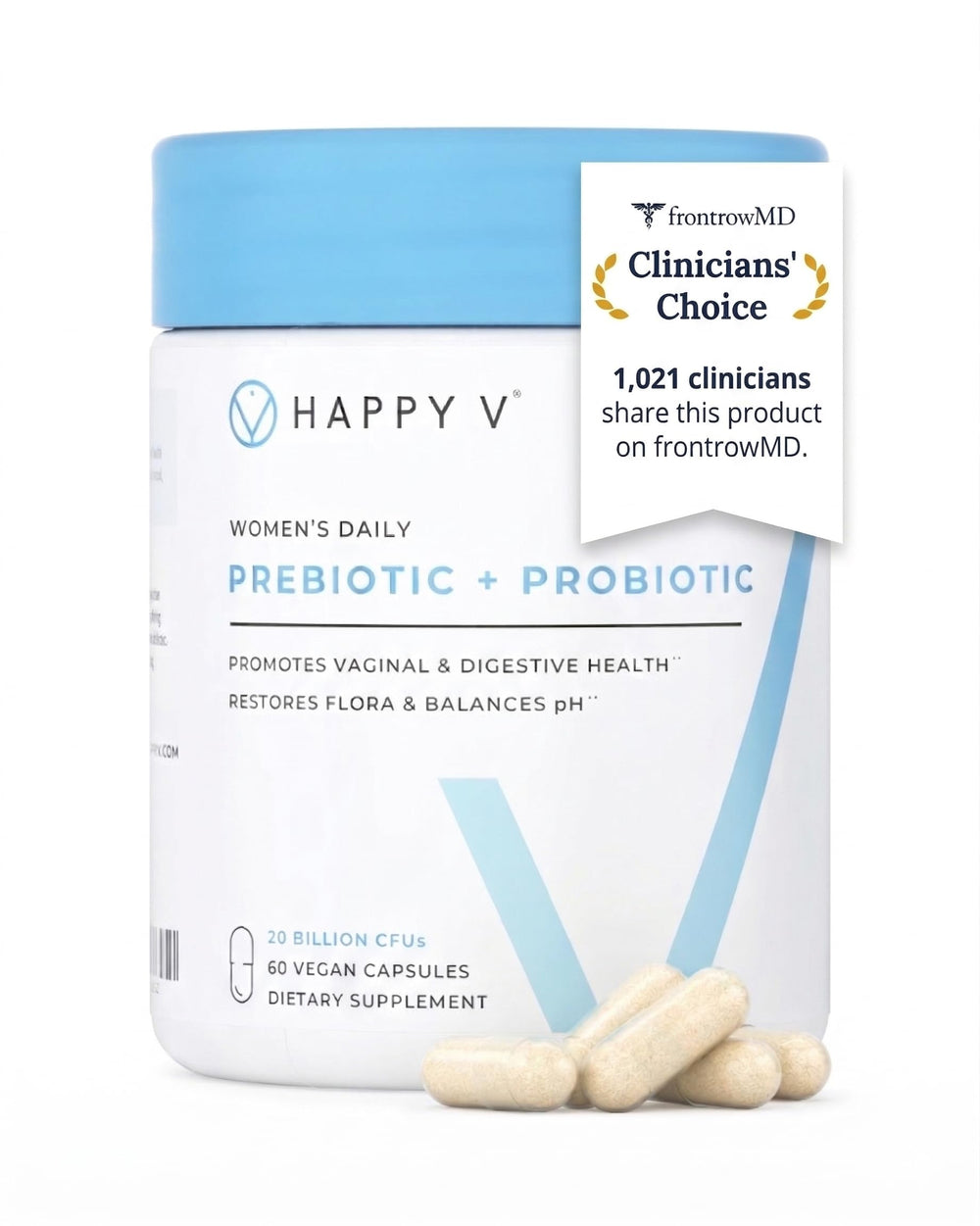 Happy V frente del empaque mostrando diseño y beneficios clave