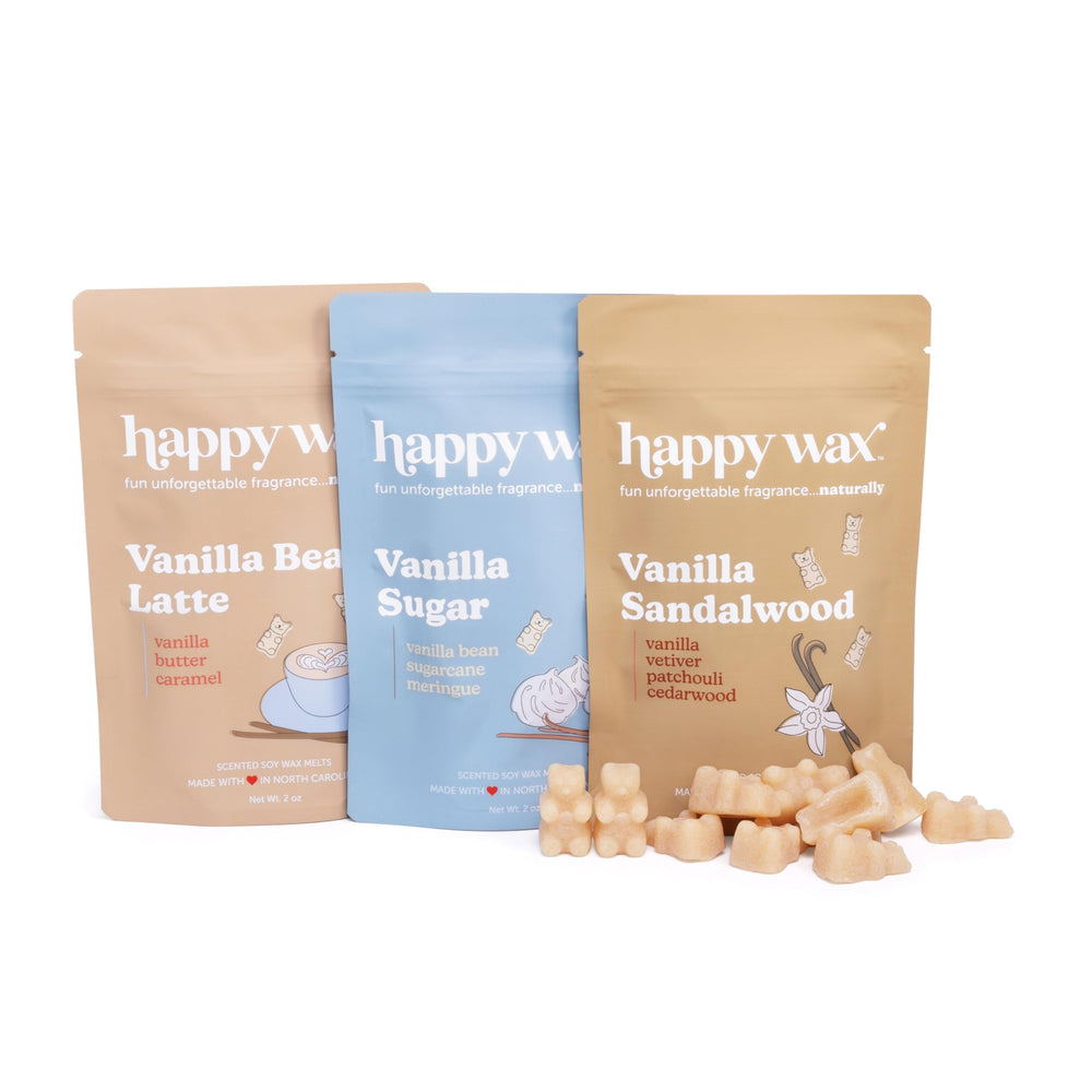 Happy Wax frontal del paquete Vanilla Lovers mostrando las tres bolsas y beneficio: variedad lista para usar