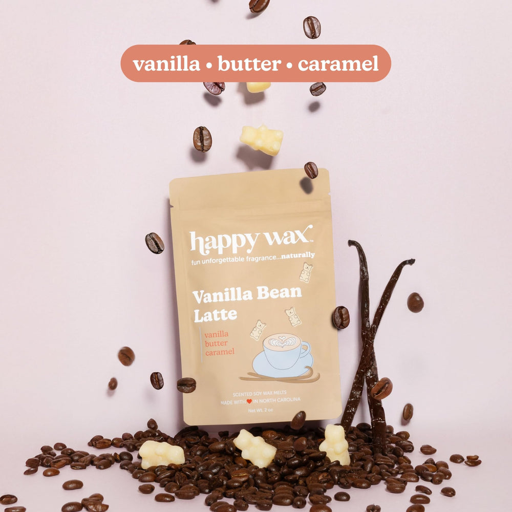 Happy Wax textura de wax melt Vanilla Bean Latte en primer plano con acabado cremoso y aroma acolchado