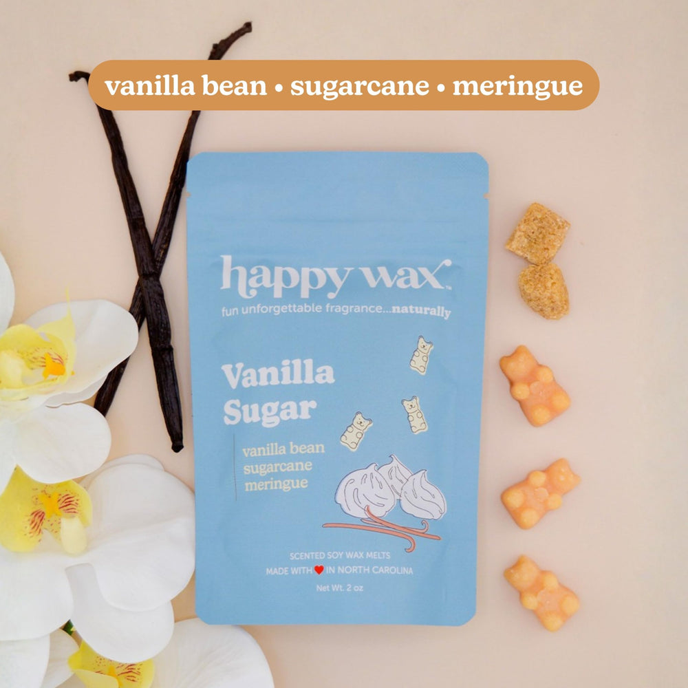 Happy Wax etiqueta de Vanilla Sugar en bolsa destacando ingredientes naturales y fragancia dulce