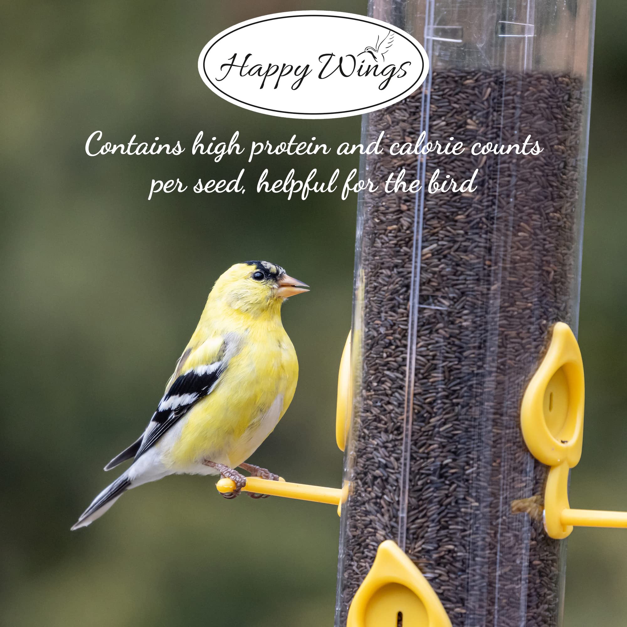 Happy Wings product label with quality certifications for safe, inspected seed handling benefit
