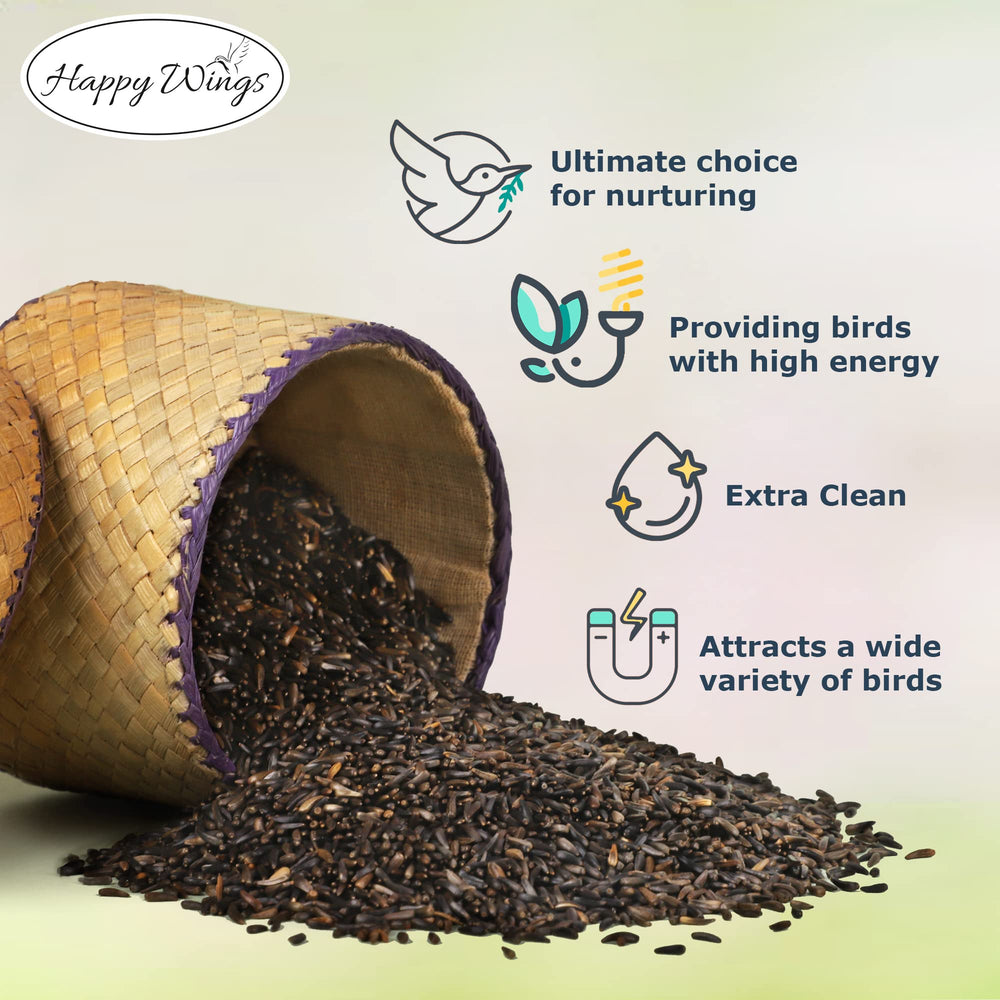 Happy Wings seed in a mesh sock feeder with finch feeding, encourages frequent bird visits